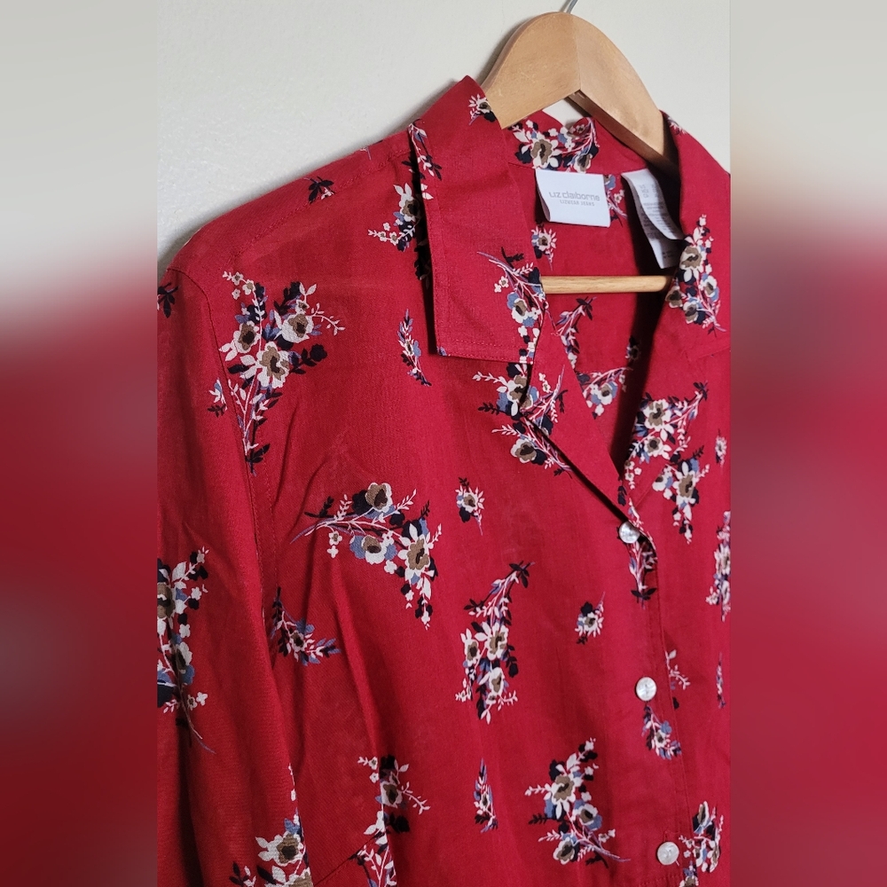 Liz Claiborne Lightweight Guazy Cotton Button Down, Women's XL, Red Floral